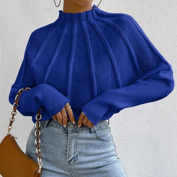. Sweaters - Blue Womens Batwing Sleeve Sweater